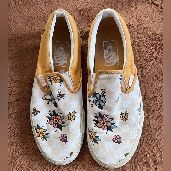 Vans Shoes - Vans Slip-On Floral Checkerboard Sneakers in Mustard and Cream